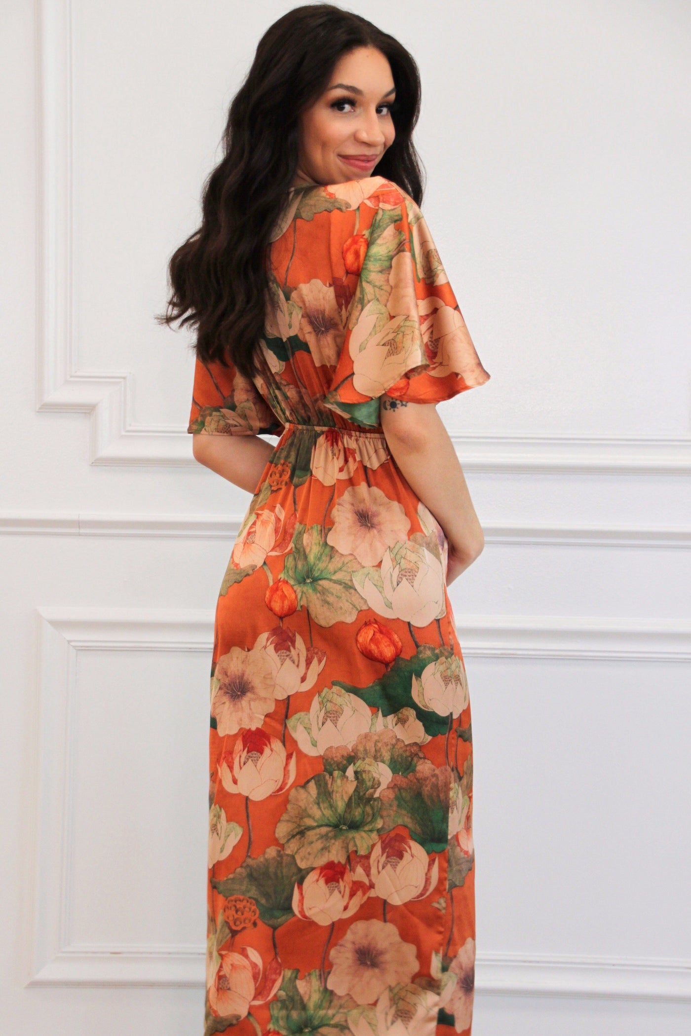 Leaves Falling Satin Floral Button Maxi Dress: Rust - Bella and Bloom Boutique