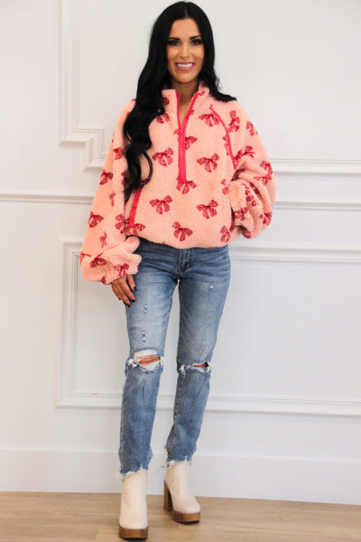 Sweetest Girl Sherpa Bow Quarter Zip Pullover: Pink - Bella and Bloom Boutique