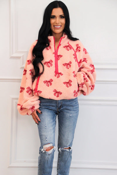 Sweetest Girl Sherpa Bow Quarter Zip Pullover: Pink - Bella and Bloom Boutique