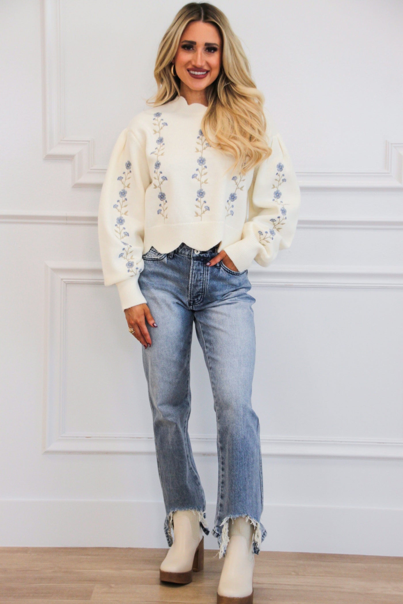 Tensley Floral Embroidered Scalloped Sweater: Cream - Bella and Bloom Boutique