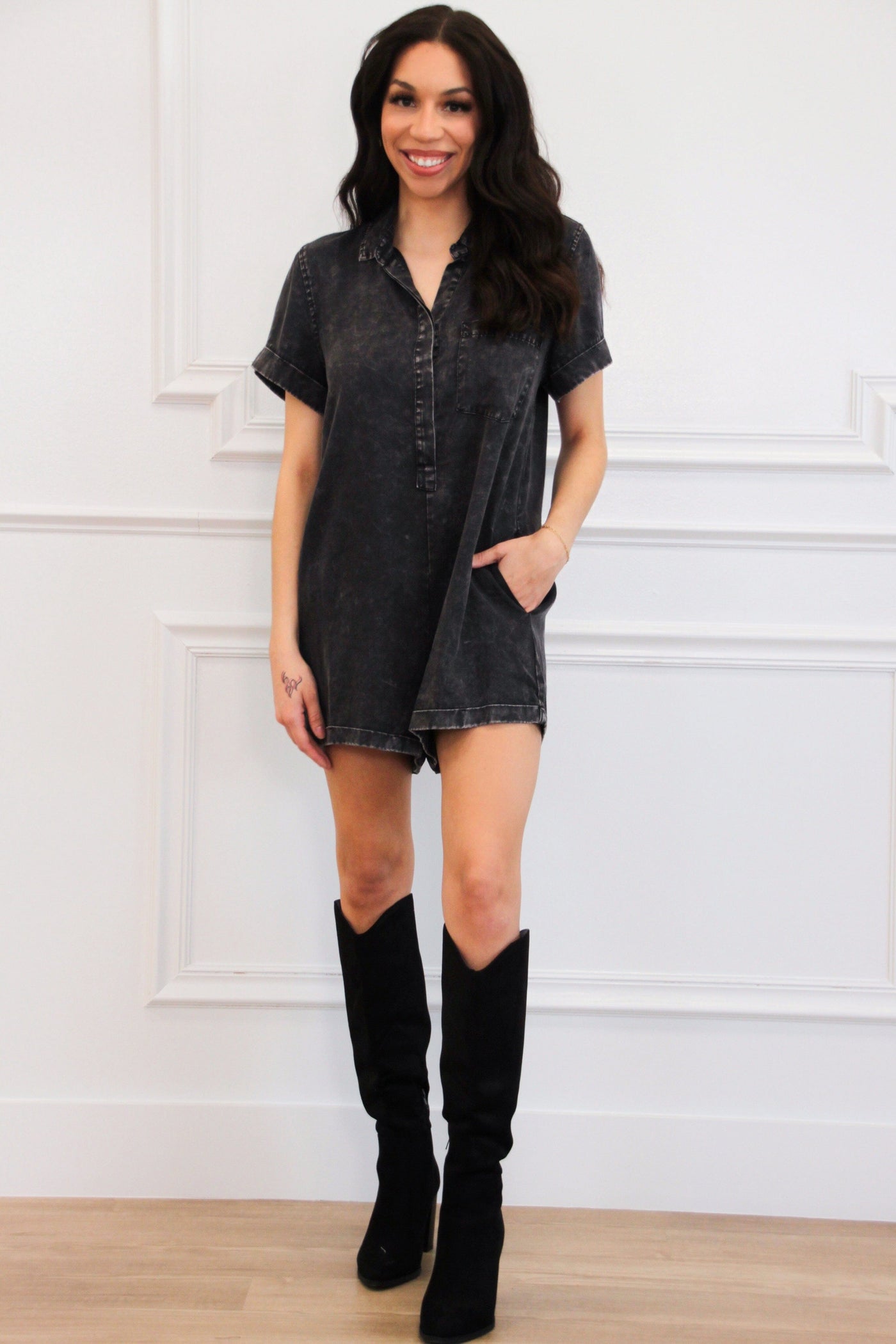 Every Day Casual Washed Denim Romper: Black - Bella and Bloom Boutique