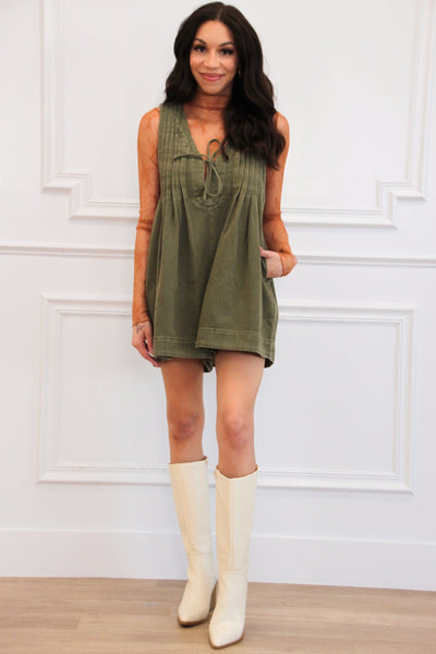 Free Bird Denim Romper: Olive - Bella and Bloom Boutique