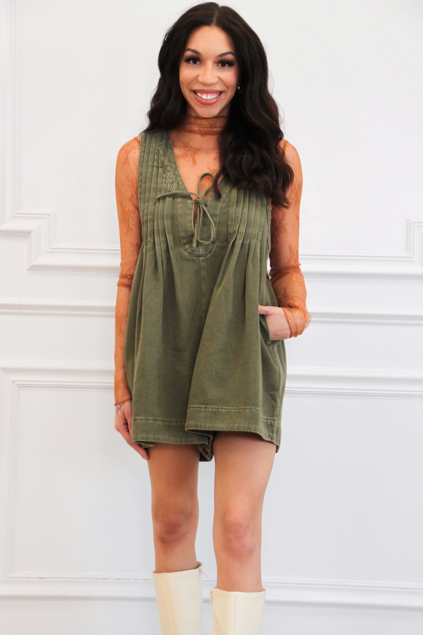 Free Bird Denim Romper: Olive - Bella and Bloom Boutique