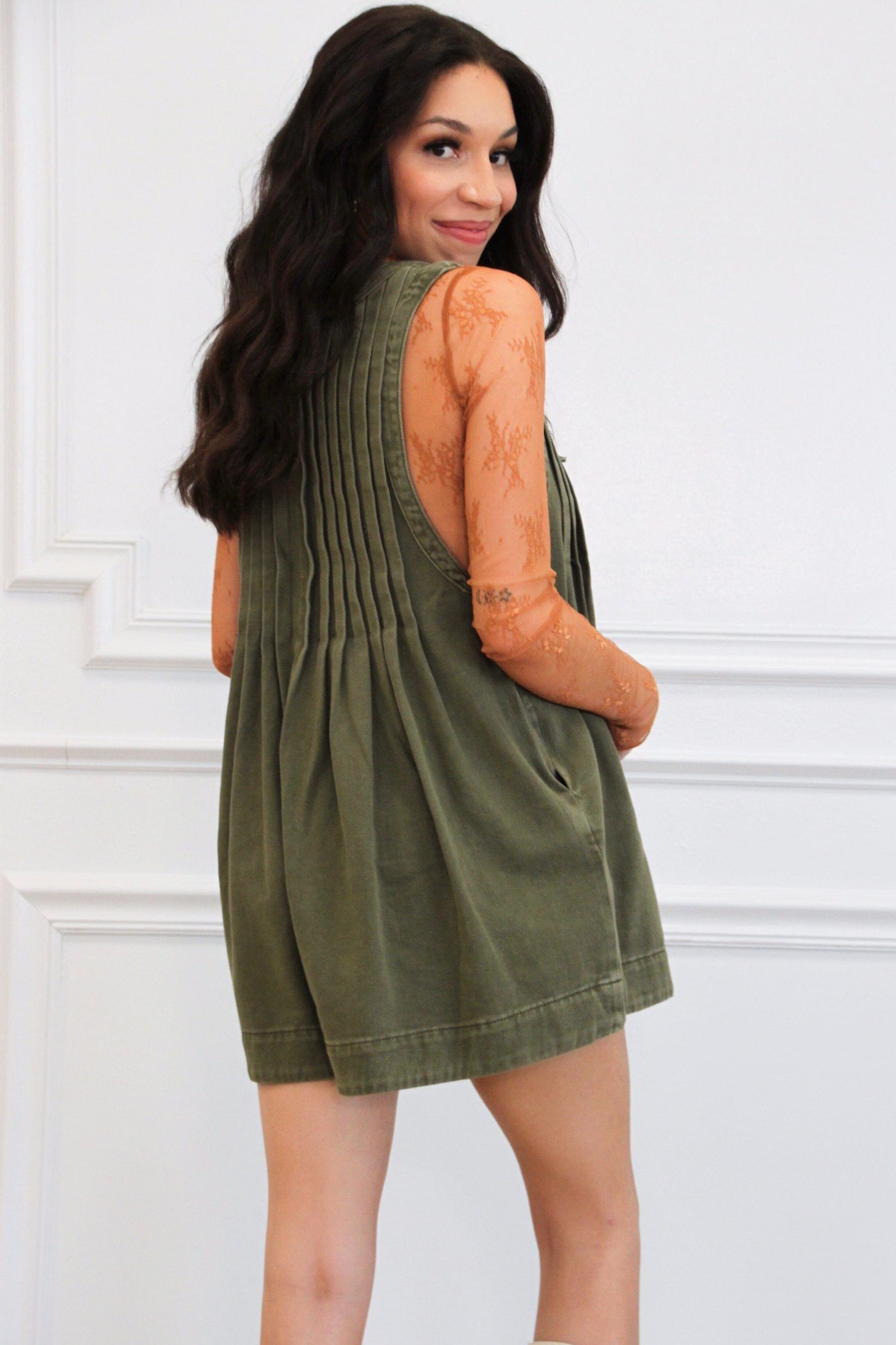 Free Bird Denim Romper: Olive - Bella and Bloom Boutique