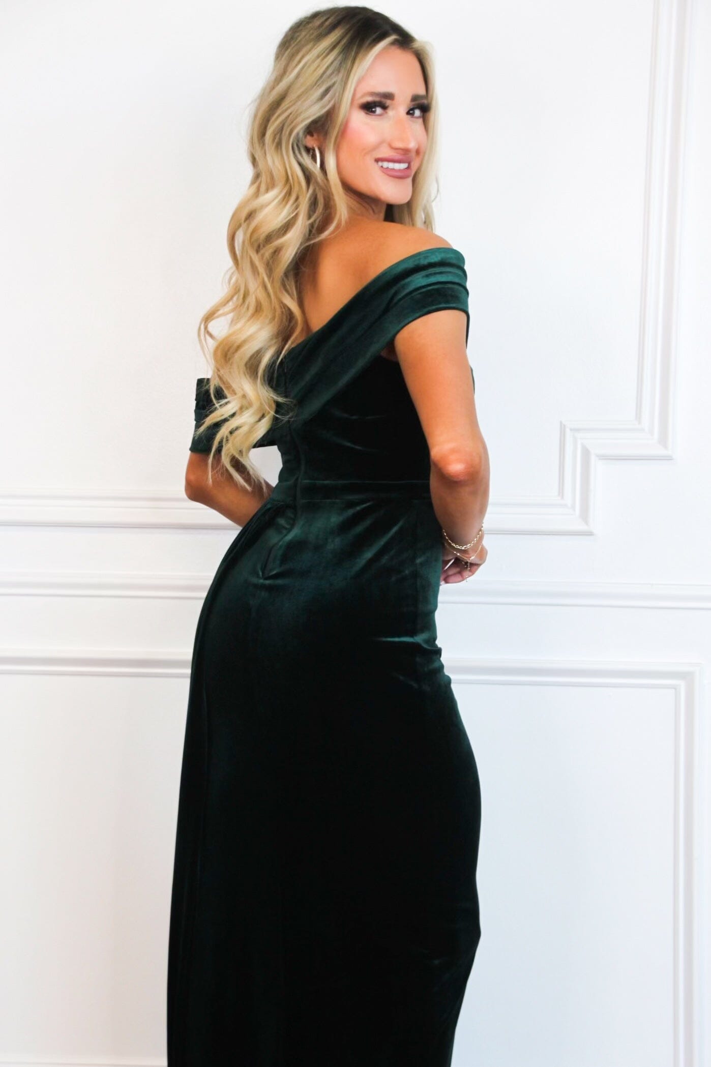 Zya Asymmetrical Off Shoulder Velvet Slit Maxi Dress: Emerald - Bella and Bloom Boutique