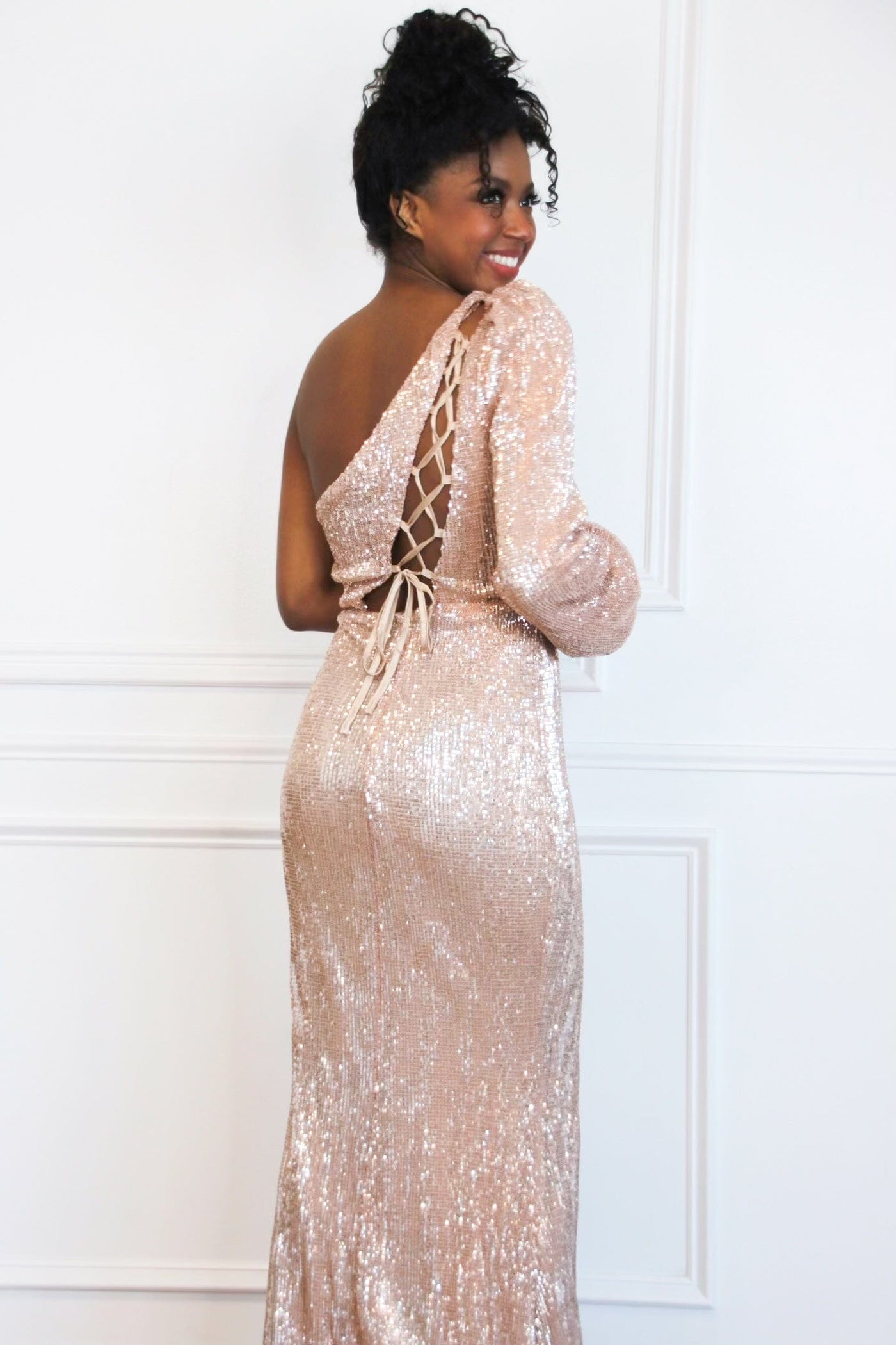 Pippa One Shoulder Sequin Maxi Dress: Rose Gold - Bella and Bloom Boutique