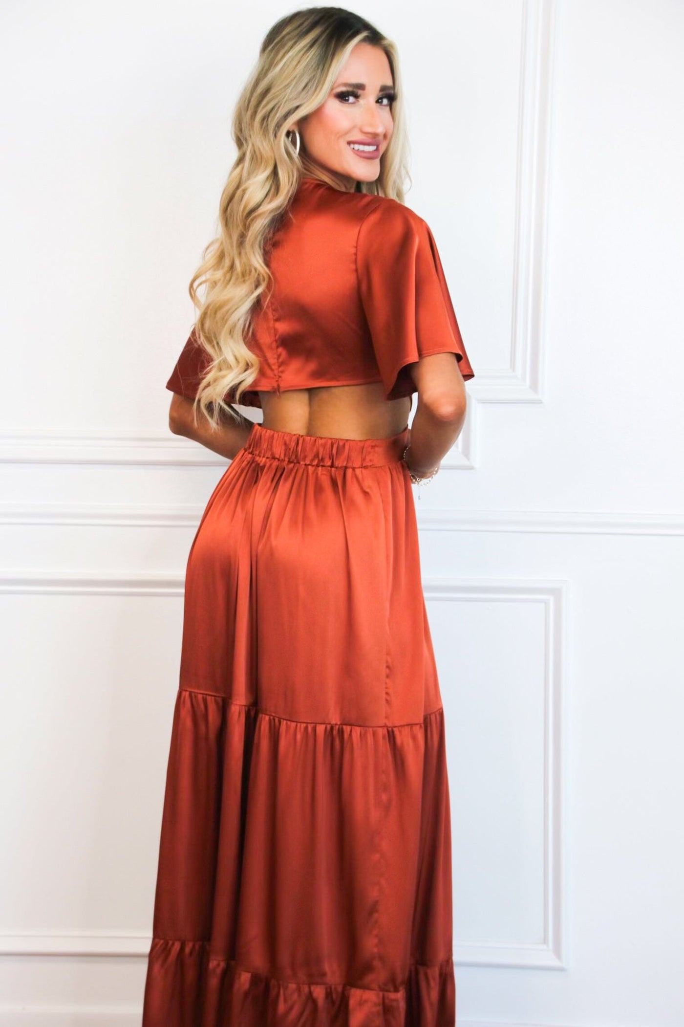 Braxton Cutout Satin Maxi Dress: Rust - Bella and Bloom Boutique