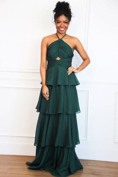Gabriela High Neck Tiered Ruffle Shimmer Maxi Dress: Hunter Green - Bella and Bloom Boutique