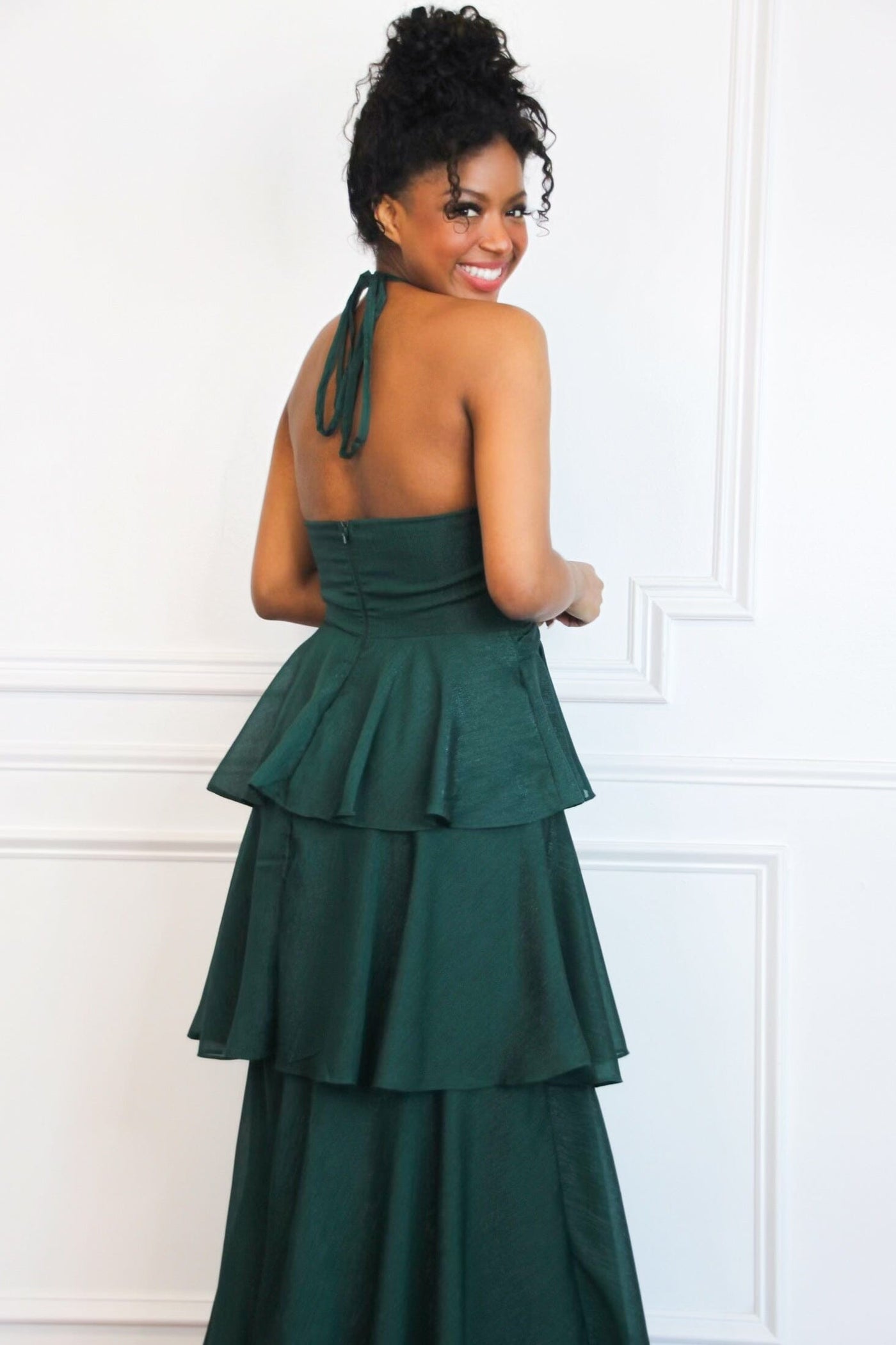 Bella and Bloom Boutique - Gabriela High Neck Tiered Ruffle Shimmer Maxi Dress: Hunter Green Bella and Bloom Boutique - Gabriela High Neck Tiered Ruffle Shimmer Maxi Dress: Hunter Green