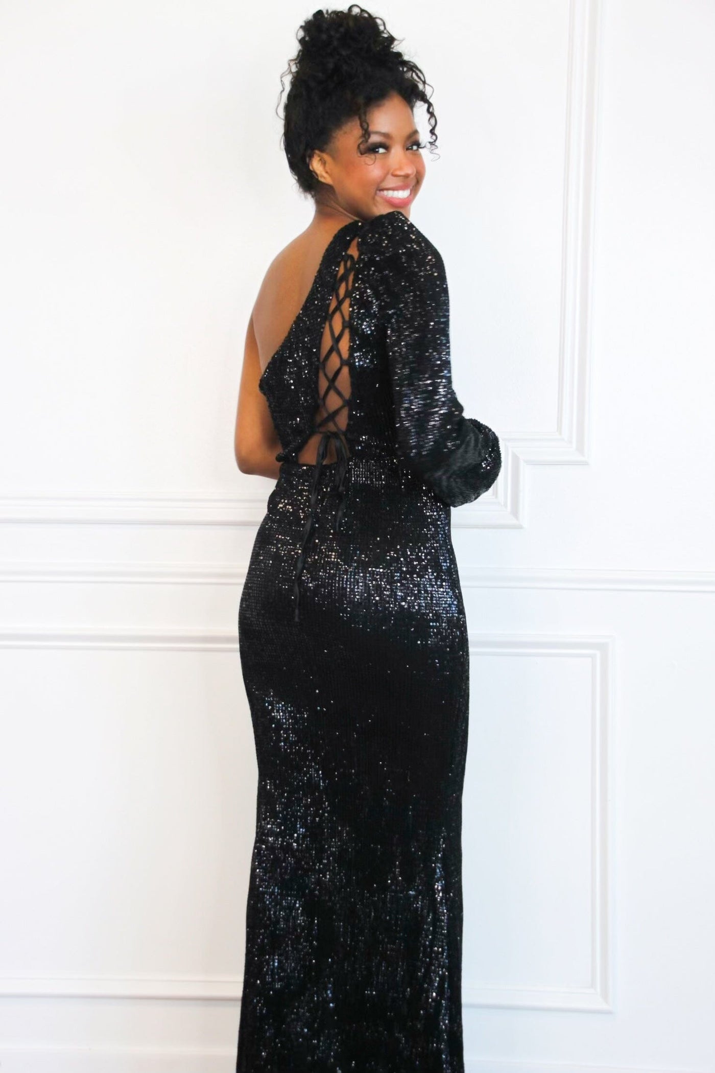 Pippa One Shoulder Sequin Maxi Dress: Black - Bella and Bloom Boutique