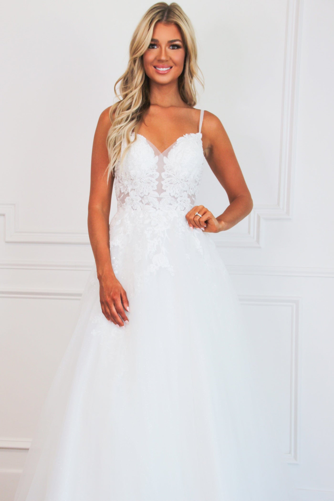 Emilia Lace Tulle Sparkly Ball Gown Wedding Dress: White - Bella and Bloom Boutique