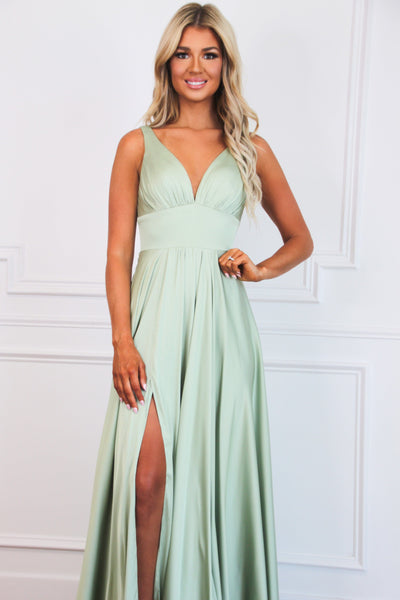 Remi Satin V-Neck Slit Formal Dress: Sage - Bella and Bloom Boutique
