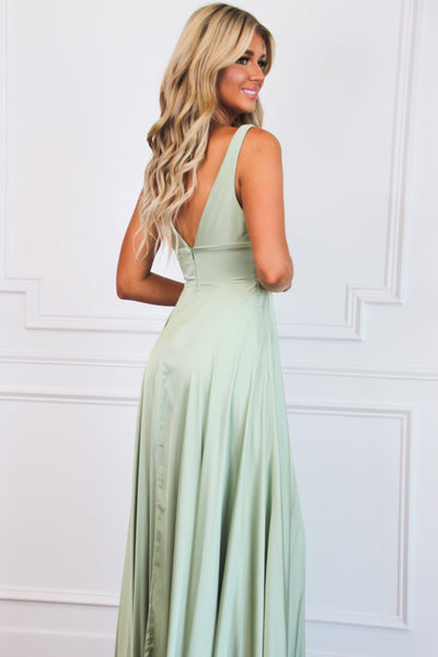 Remi Satin V-Neck Slit Formal Dress: Sage - Bella and Bloom Boutique