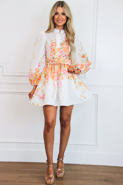 Callahan Floral Belted Long Sleeve Dress: White Floral - Bella and Bloom Boutique