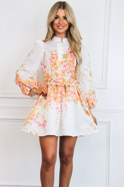 Callahan Floral Belted Long Sleeve Dress: White Floral - Bella and Bloom Boutique