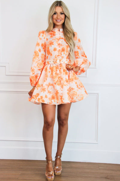 Vivianna Floral Belted Long Sleeve Dress: Orange Floral - Bella and Bloom Boutique