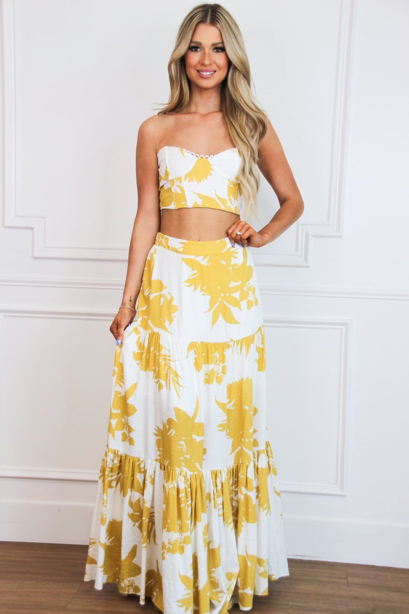 Bimini Floral Two Piece Set: White/Mustard - Bella and Bloom Boutique