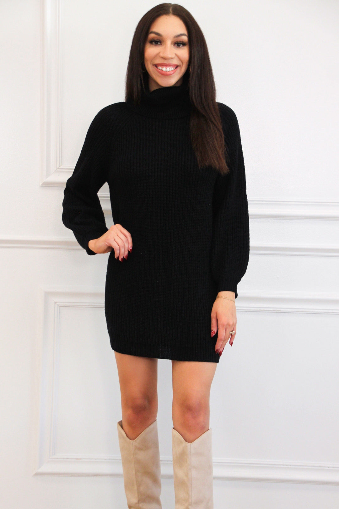 turtle neck black sweater dress Wherever You Go Turtleneck Dress, Small - The Mint Julep Boutique its chunky knit exudes warmth and sophistication Bella and Bloom Boutique -