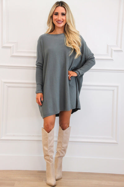 So Cozy Boat Neck Tunic Sweater: Dusty Blue Olive Bottoms Bella and Bloom Boutique 