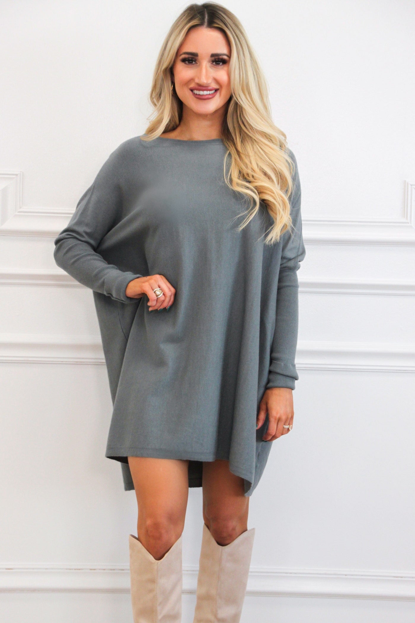 So Cozy Boat Neck Tunic Sweater: Dusty Blue Olive Bottoms Bella and Bloom Boutique 