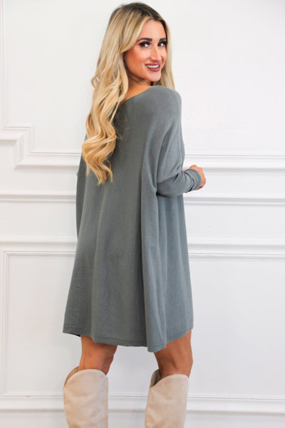 So Cozy Boat Neck Tunic Sweater: Dusty Blue Olive Bottoms Bella and Bloom Boutique 