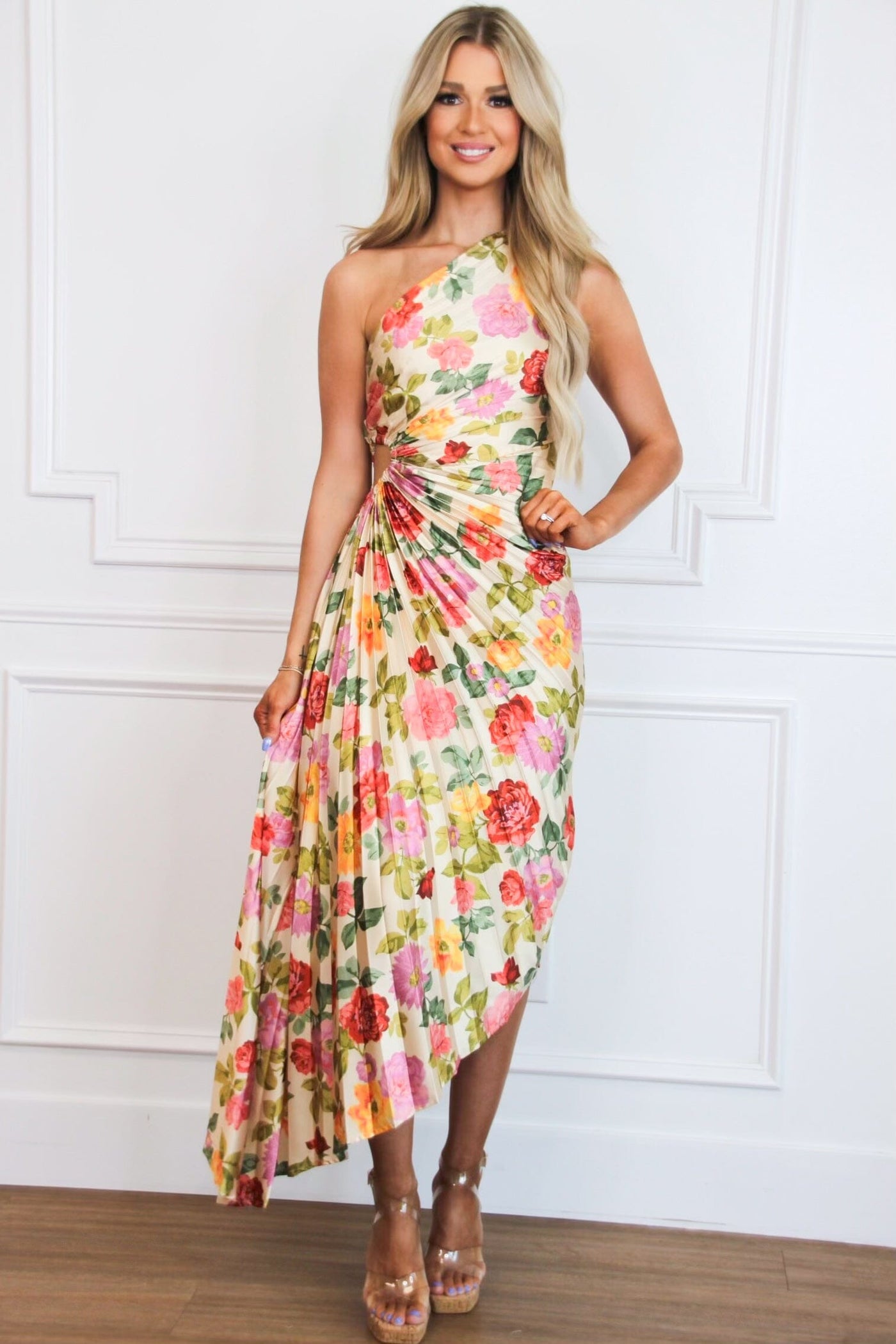 Bella and Bloom Boutique - Novelle One Shoulder Pleated Asymmetrical Maxi Dress: Romantic Garden Beige Floral Bella and Bloom Boutique - Novelle One Shoulder Pleated Asymmetrical Maxi Dress: Romantic Garden Beige Floral