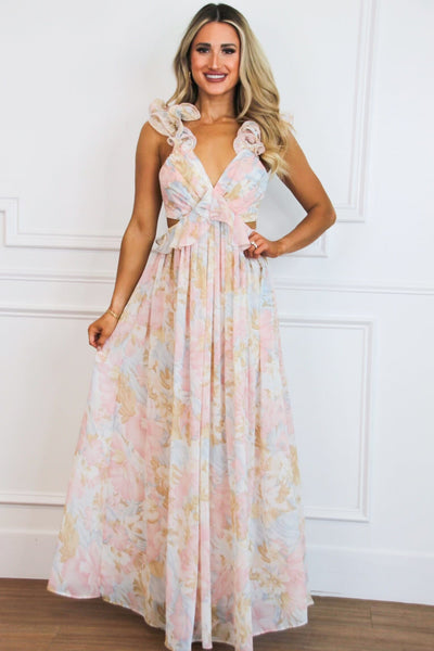 Sophie Floral Cutout Ruffle Maxi Dress: Pink Pastel Multi - Bella and Bloom Boutique