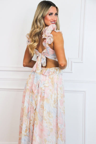 Sophie Floral Cutout Ruffle Maxi Dress: Pink Pastel Multi - Bella and Bloom Boutique