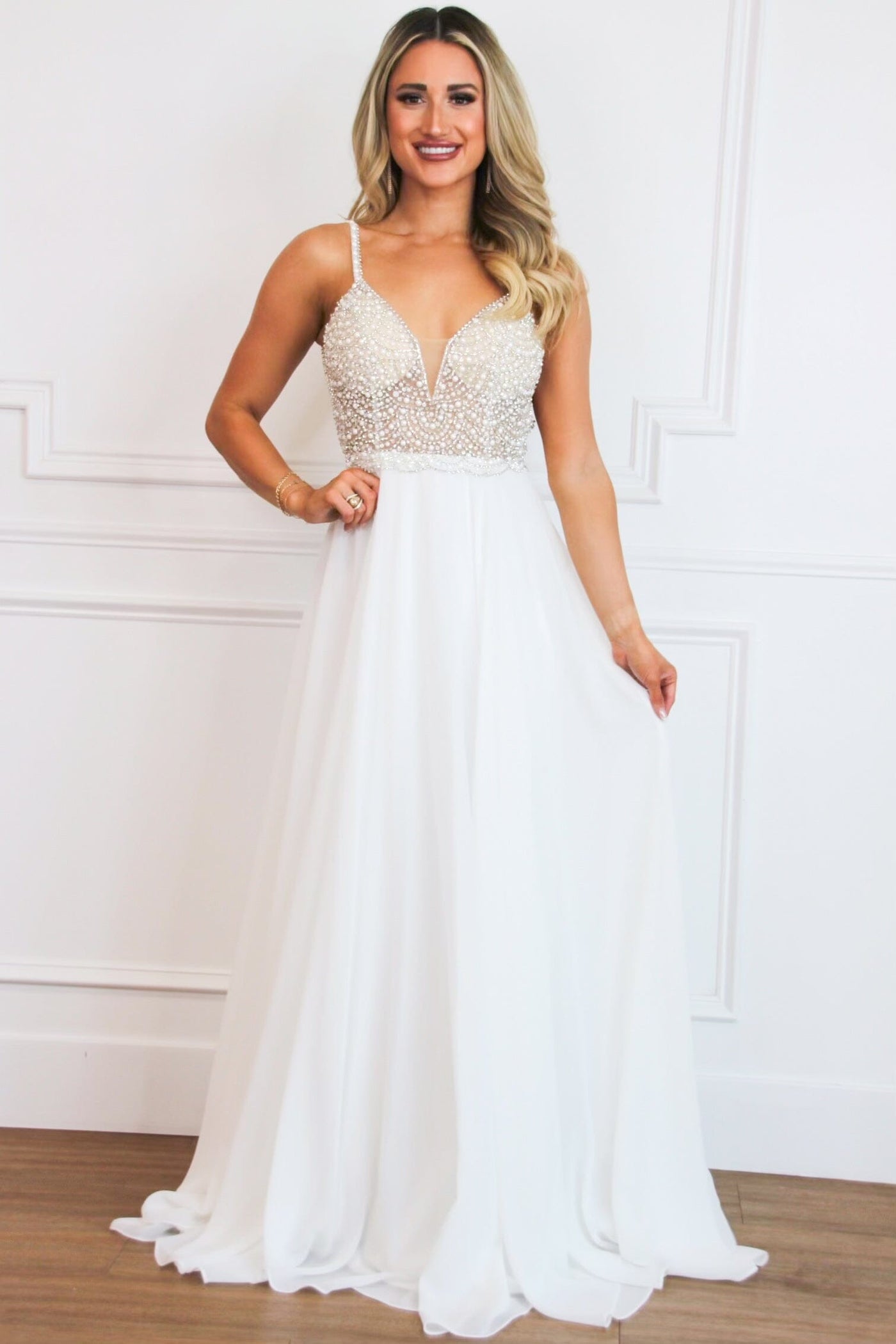 Beaded Beauty Chiffon Wedding Dress: White - Bella and Bloom Boutique