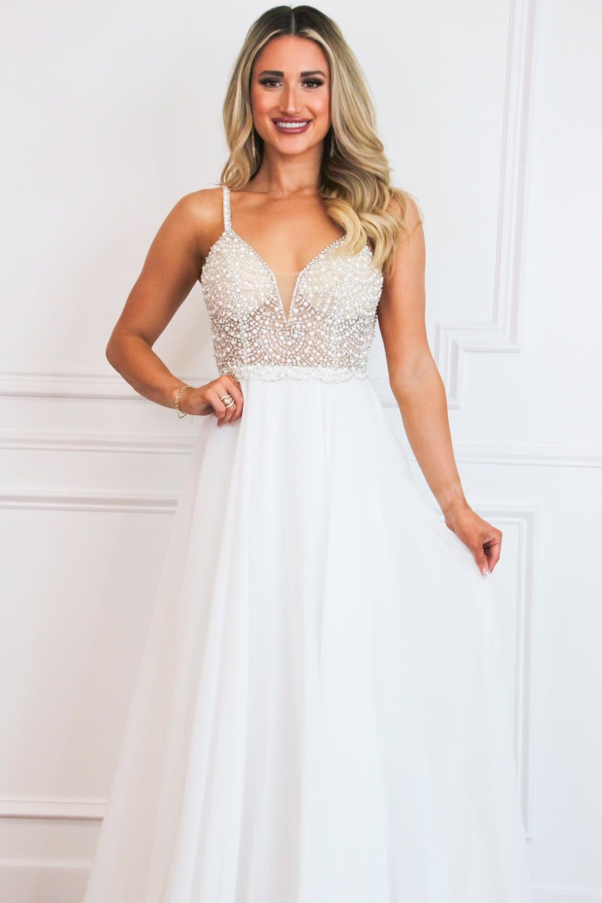 white beaded chiffon dress White Chiffon A-line V-neck Beaded Wedding Dresses, Wedding Gowns, MW702