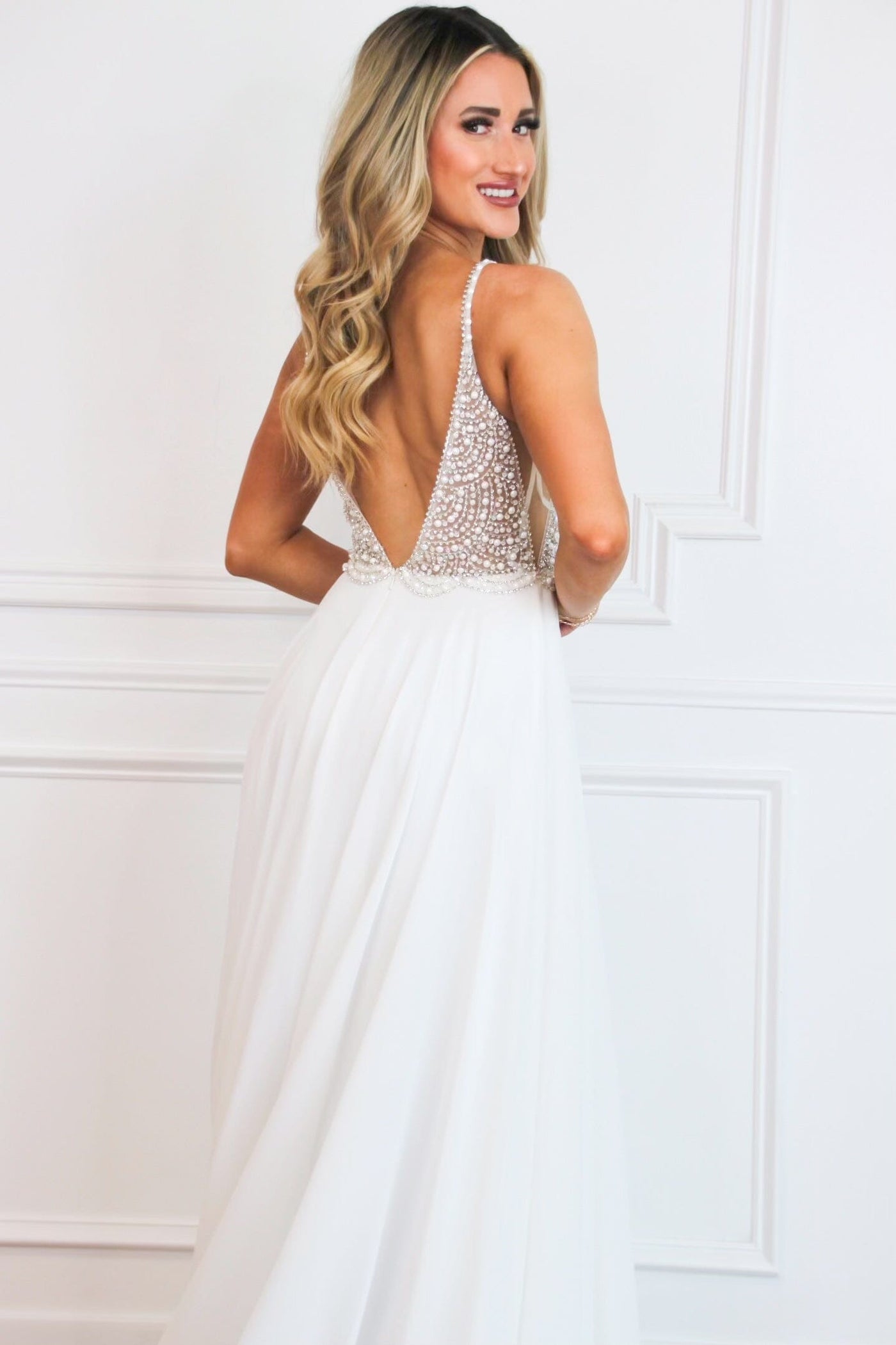 Beaded Beauty Chiffon Wedding Dress: White - Bella and Bloom Boutique