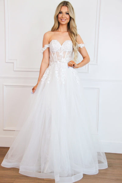 Nova Off Shoulder Bustier Floral Applique Tulle Wedding Dress: French White - Bella and Bloom Boutique