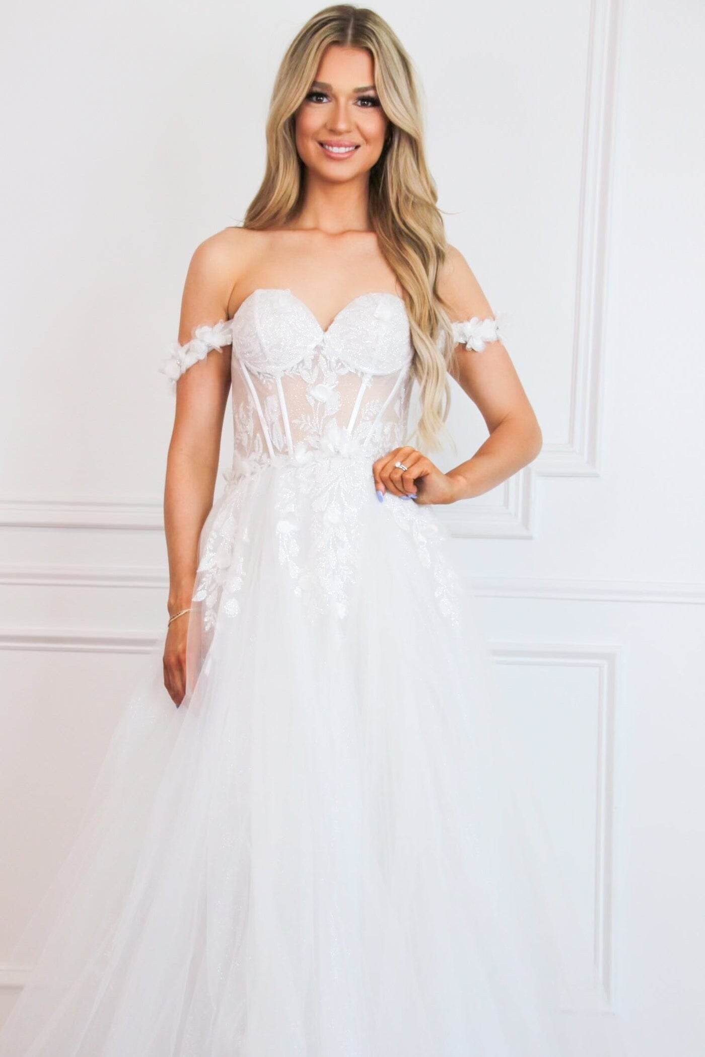 Nova Off Shoulder Bustier Floral Applique Tulle Wedding Dress: French White - Bella and Bloom Boutique