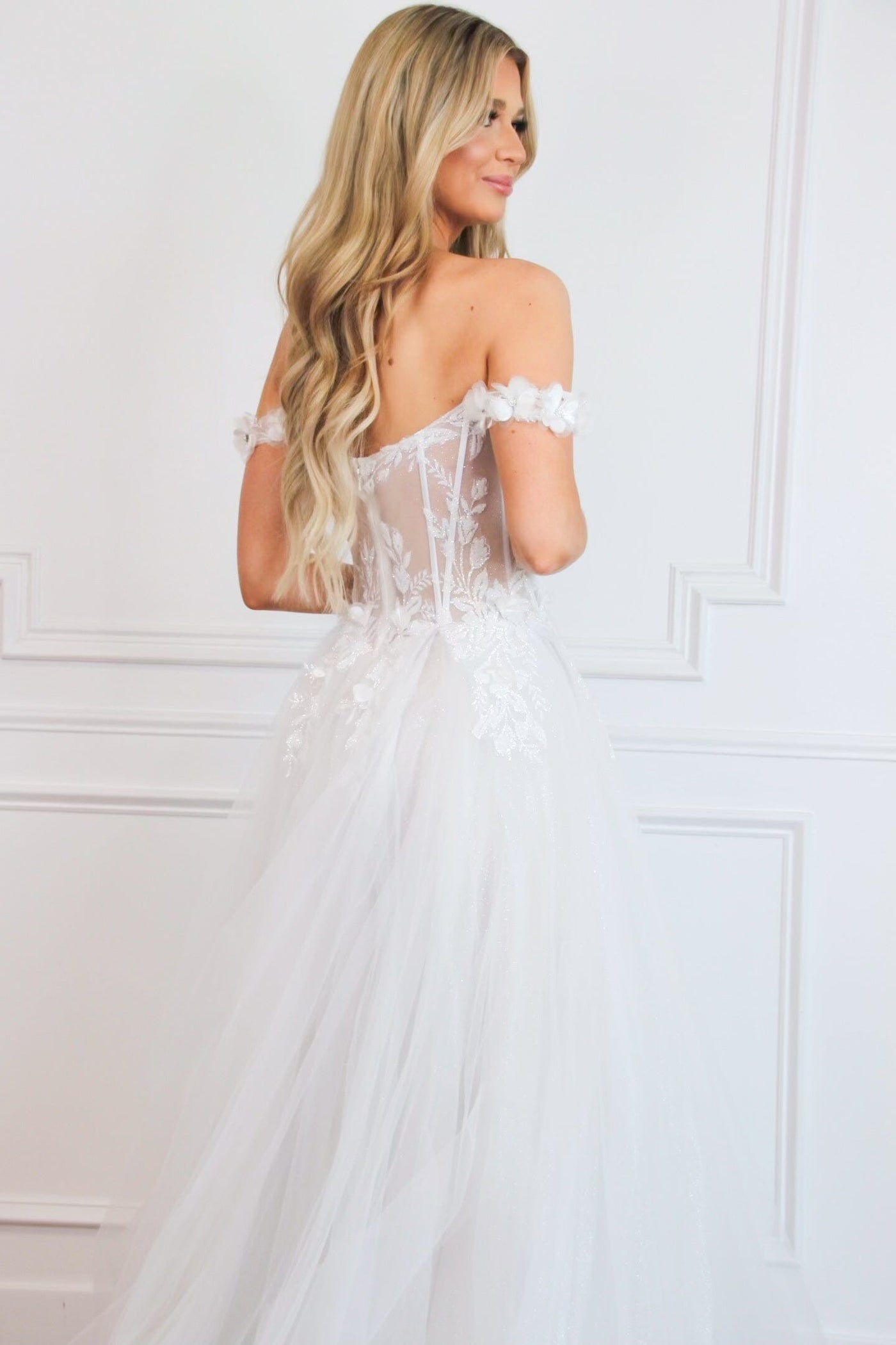 Nova Off Shoulder Bustier Floral Applique Tulle Wedding Dress: French White - Bella and Bloom Boutique