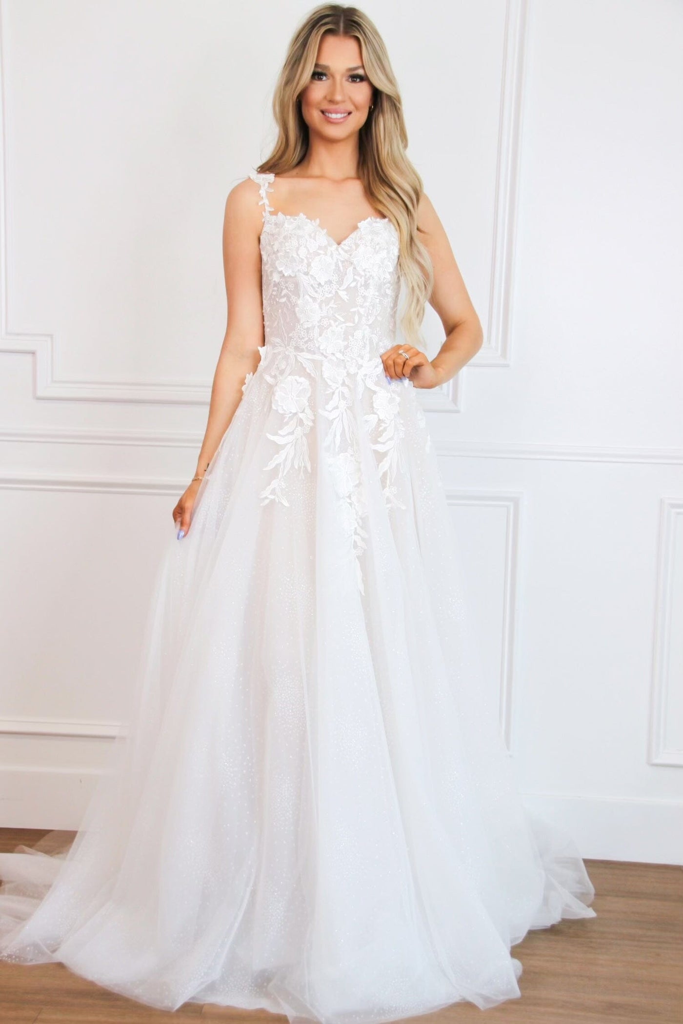 Bella and Bloom Boutique - Posie Floral Applique Bustier A Line Sparkly Wedding Dress: Off White/Nude 14 / Off White/Nude Bella and Bloom Boutique - Posie Floral Applique Bustier A Line Sparkly Wedding Dress: Off White/Nude 14 / Off White/Nude