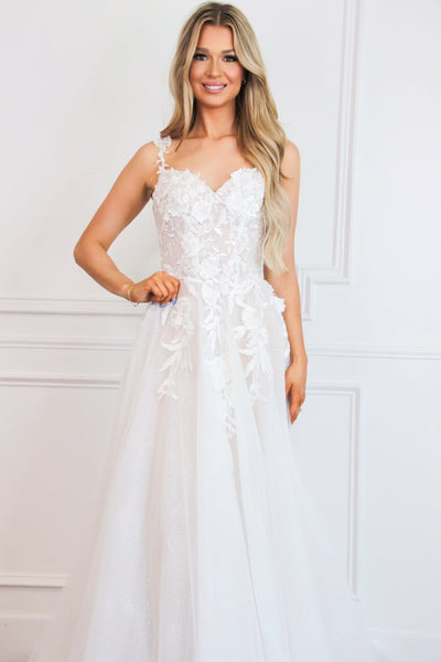 Posie Floral Applique Bustier A Line Sparkly Wedding Dress: Off White/Nude - Bella and Bloom Boutique