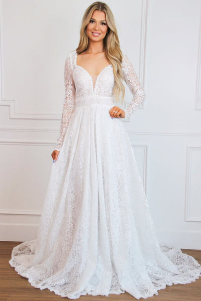 Oriana Lace A Line Detachable Long Sleeve Wedding Dress: Off White - Bella and Bloom Boutique