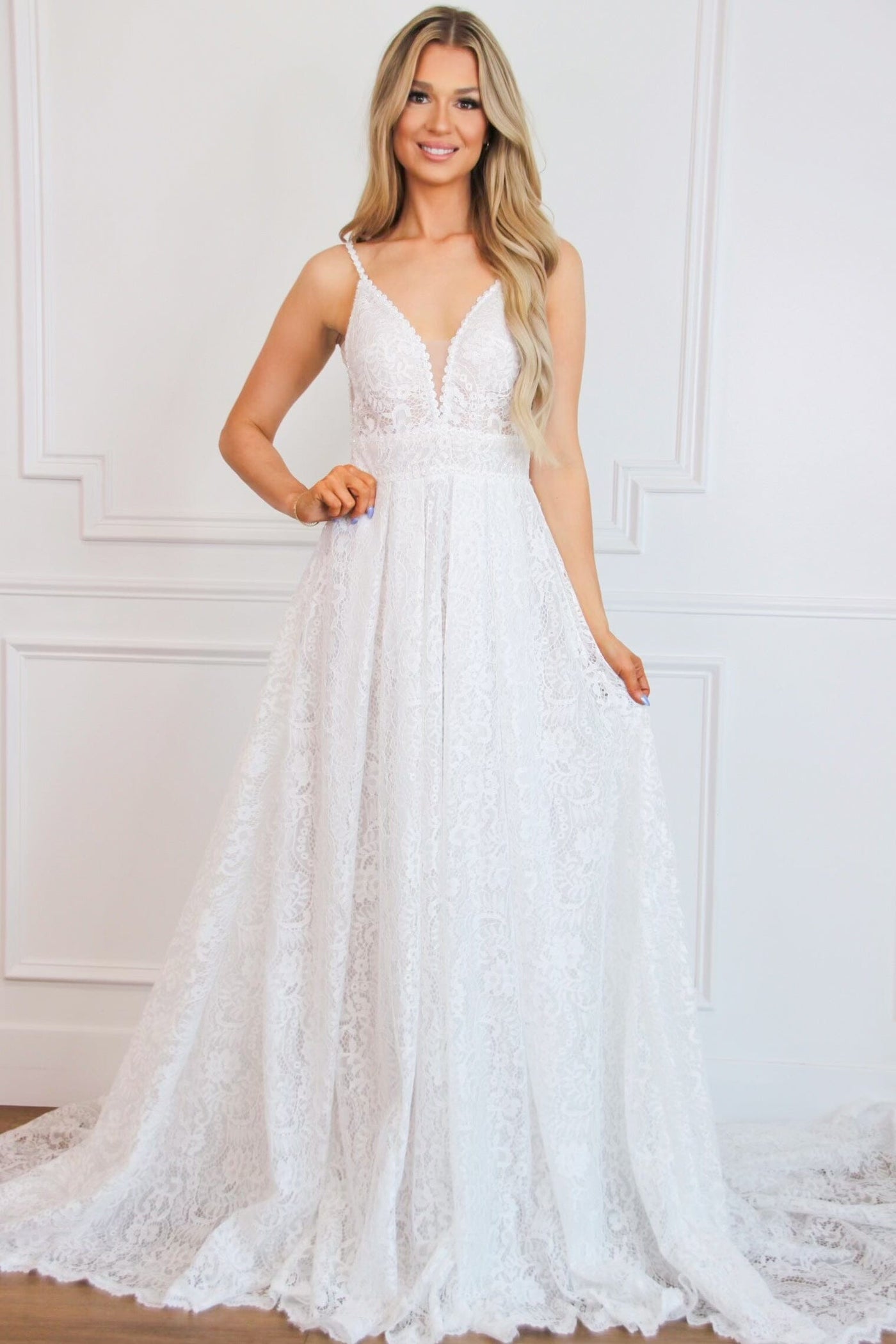 Oriana Lace A Line Detachable Long Sleeve Wedding Dress: Off White - Bella and Bloom Boutique