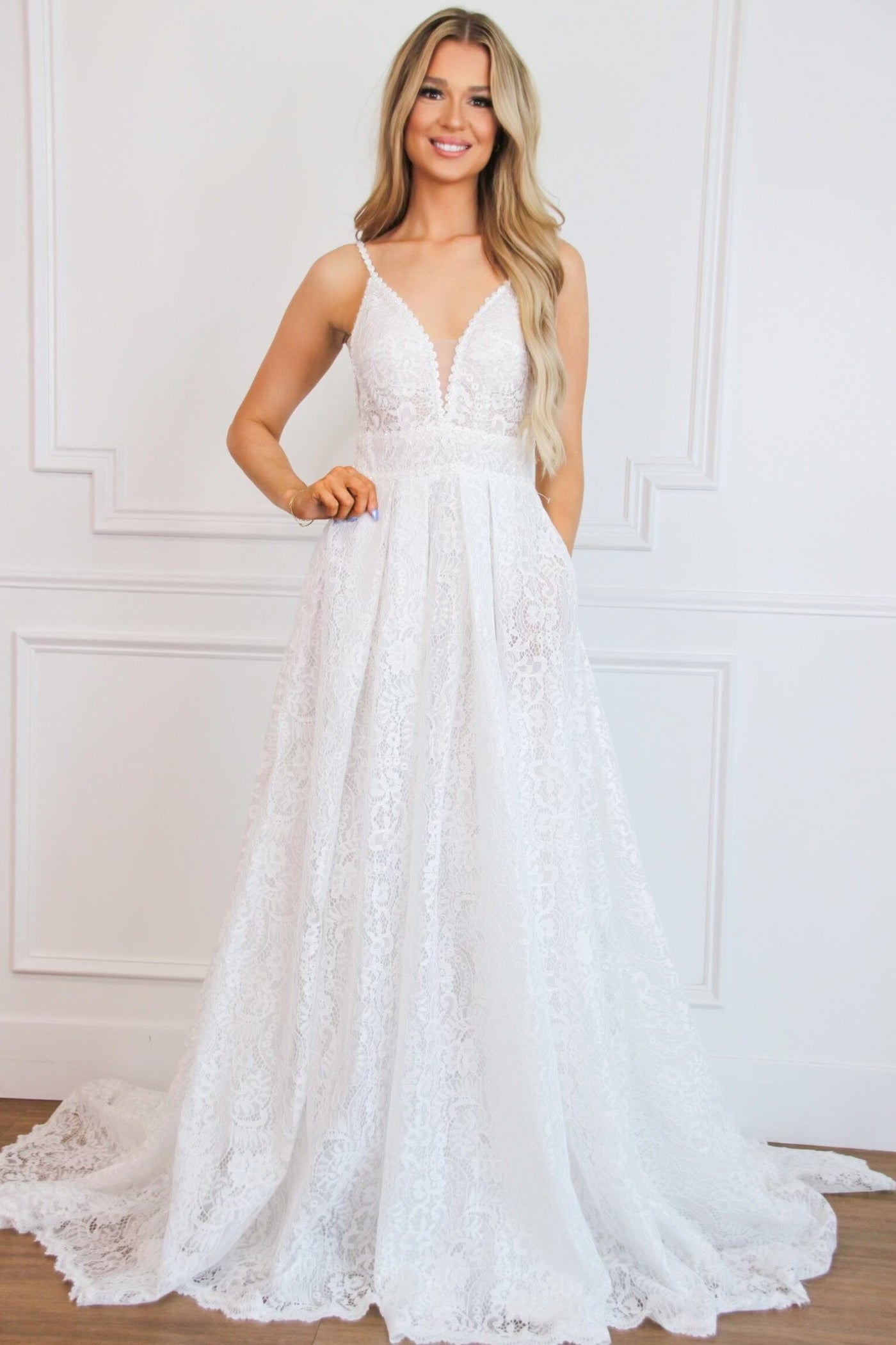 Oriana Lace A Line Detachable Long Sleeve Wedding Dress: Off White - Bella and Bloom Boutique