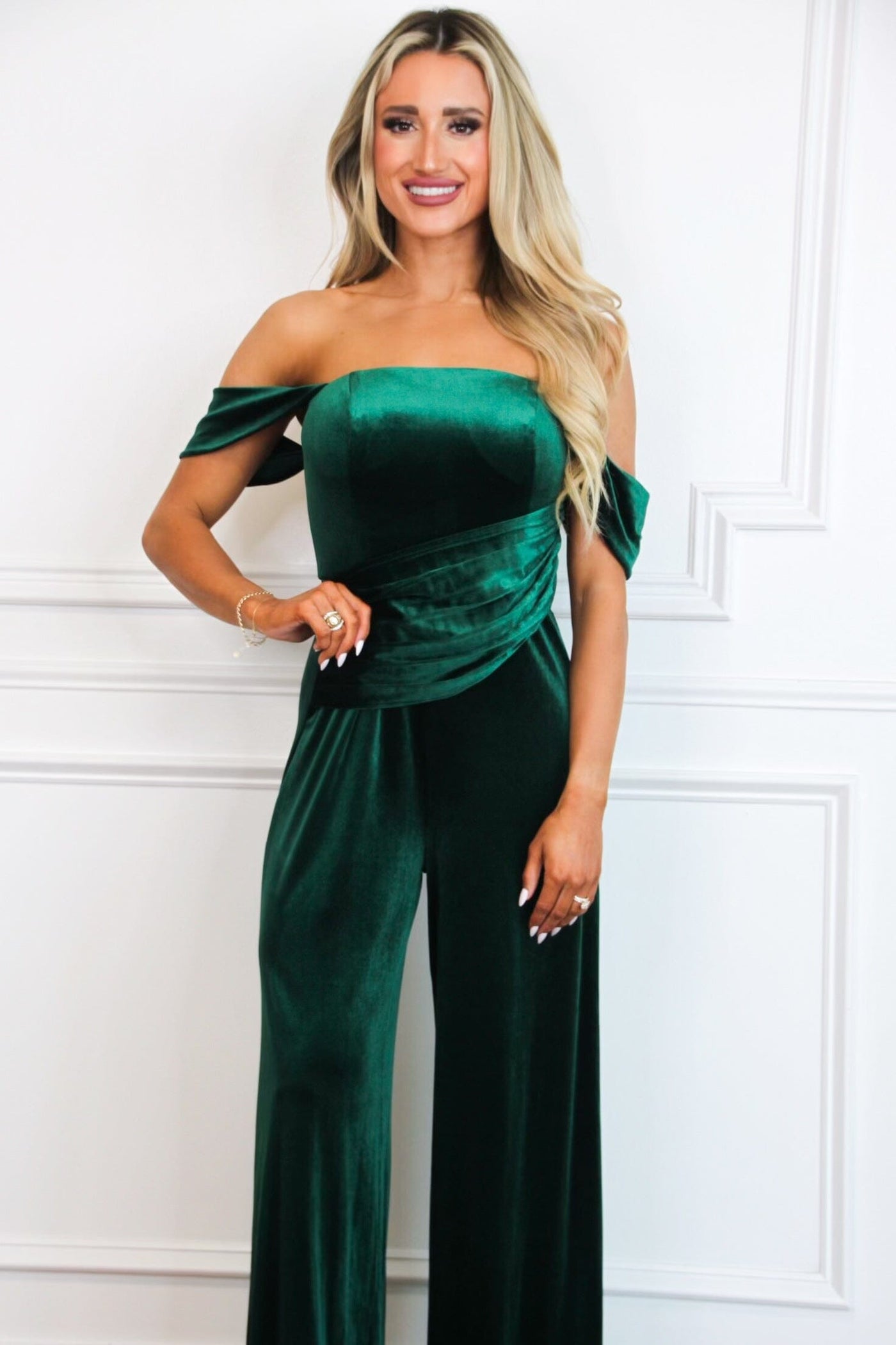 Tara Off Shoulder Velvet Jumpsuit: Emerald - Bella and Bloom Boutique