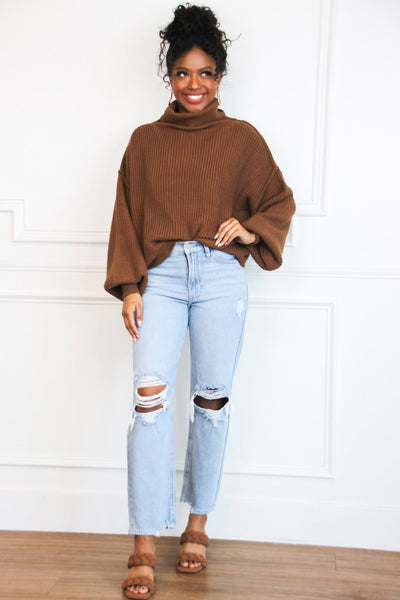 Under Wraps Turtleneck Sweater: Brown - Bella and Bloom Boutique