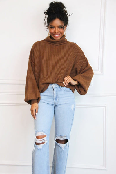 Under Wraps Turtleneck Sweater: Brown - Bella and Bloom Boutique