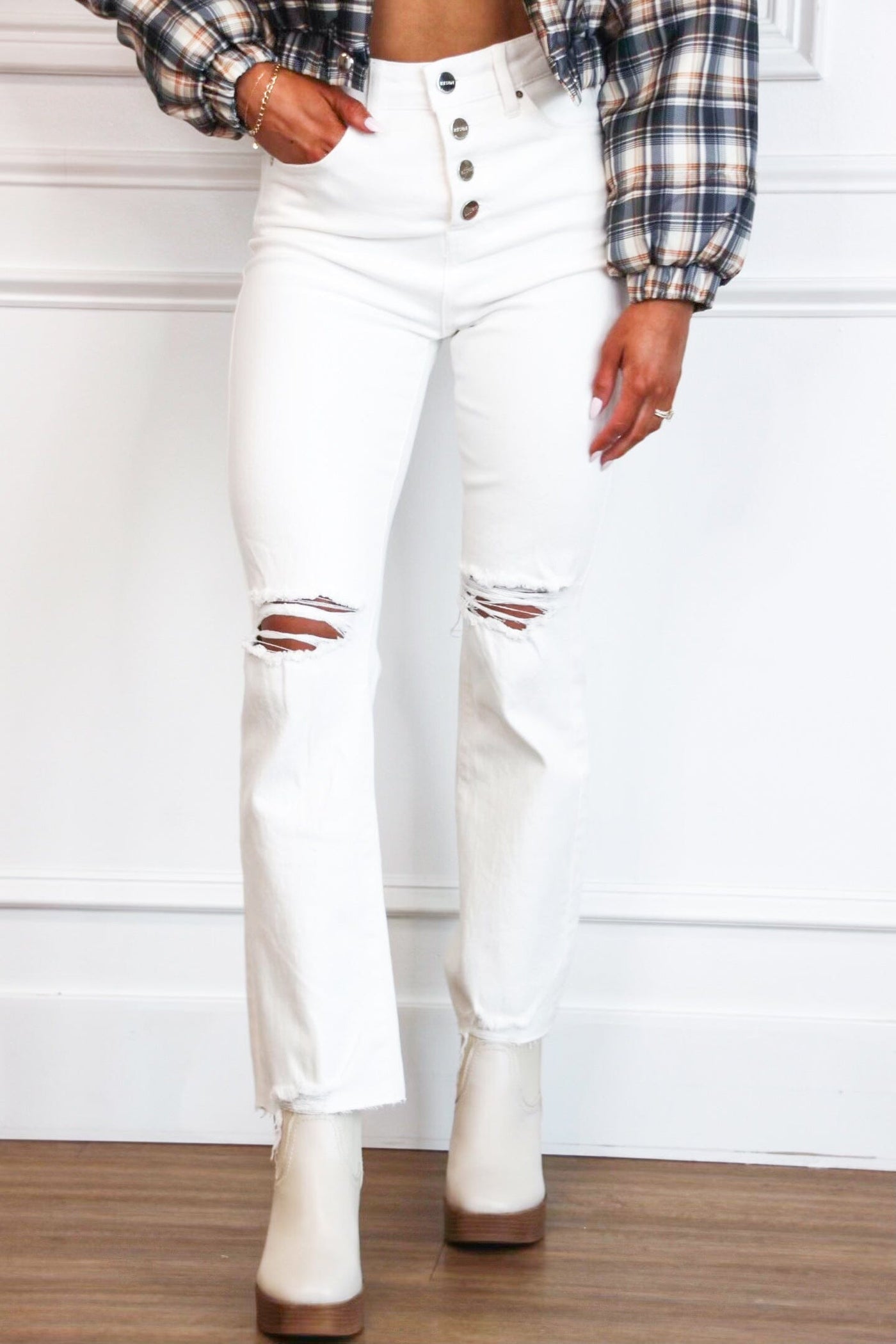 Benny High Rise Distressed Straight Denim: White - Bella and Bloom Boutique