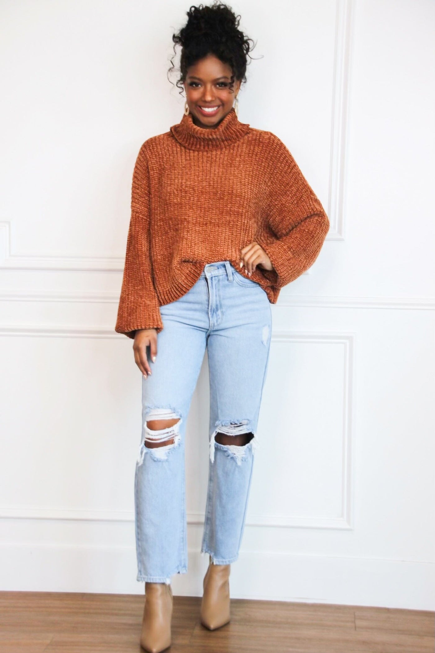 Winter Wishes Chenille Cropped Sweater: Rust - Bella and Bloom Boutique