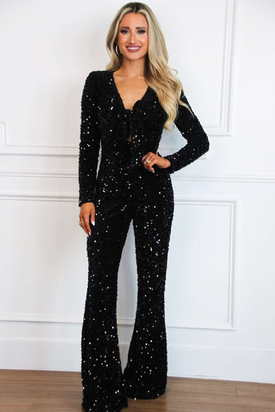 Meet Me There Sequin Tie Jumpsuit: Black - Bella and Bloom Boutique