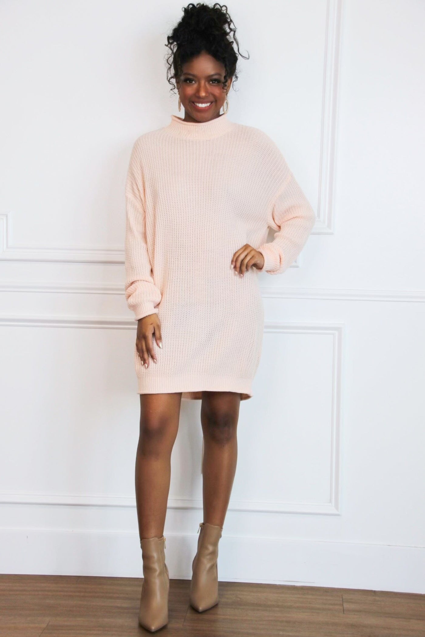 Harrison Mock Neck Sweater Tunic Dress Pale Blush