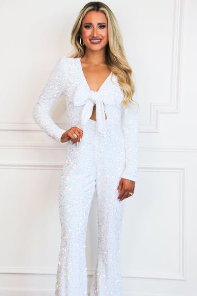 Meet Me There Sequin Tie Jumpsuit: Opal Iridescent - Bella and Bloom Boutique