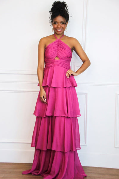 Gabriela High Neck Tiered Ruffle Shimmer Maxi Dress: Magenta Bottoms Bella and Bloom Boutique 