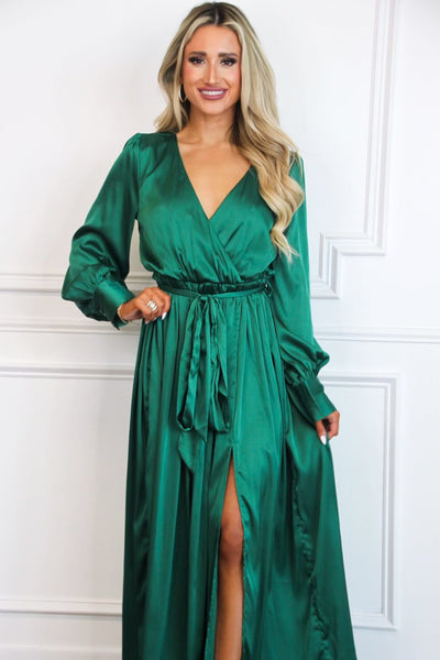 Jordana Long Sleeve Satin Maxi Dress: Green - Bella and Bloom Boutique