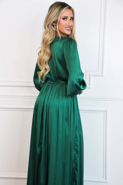 Jordana Long Sleeve Satin Maxi Dress: Green - Bella and Bloom Boutique